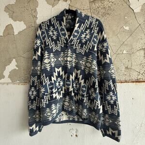 Lucky Brand Southwestern Cardigan Sweater‎ Cotton Blue Cream Geometric Knit L